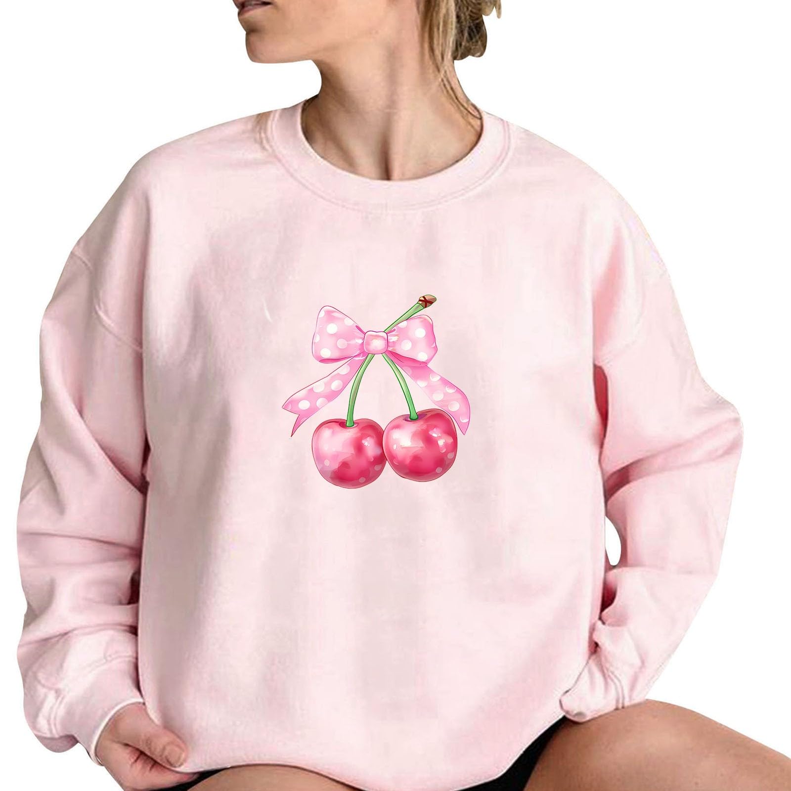 Women's Akklian Cute Cherry Bow Print Oversized Sweatshirt - Long Sleeve Kawaii Pullover Loose Fit Preppy Teen Girl Pink Top for Casual Outings & Cozy Evenings