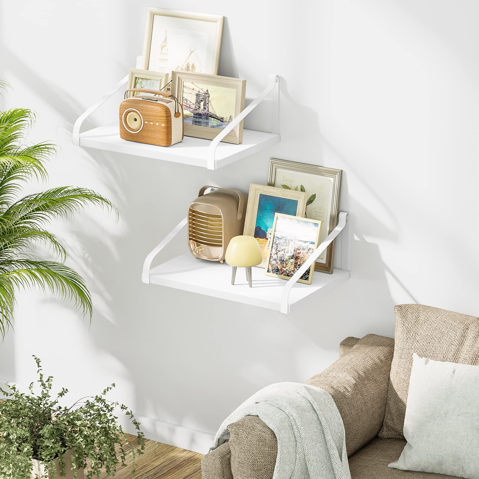 Floating Shelves Wall Mount - Set of 2 Rustic Solid Wood Shelves with Brackets, 16.5x12 Inch, Large Storage Space - Perfect for Kitchen, Living Room, Bathroom & Bedroom Organization (White)
