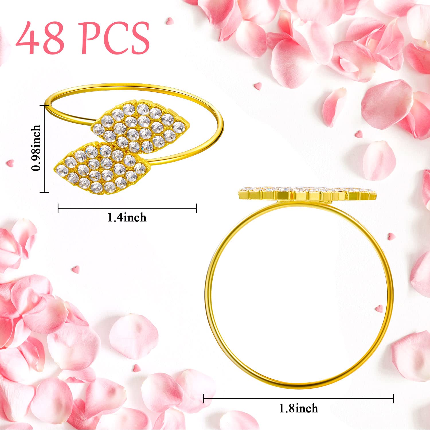 100 Pcs Gold Bling Napkin Rings Set - Elegant Metal Leaves Rhinestone Napkin Holders for Wedding, Party & Valentine's Day Dinner Table Decor - Perfect for Holiday Gatherings, Bridal Showers & Fine Dining Events