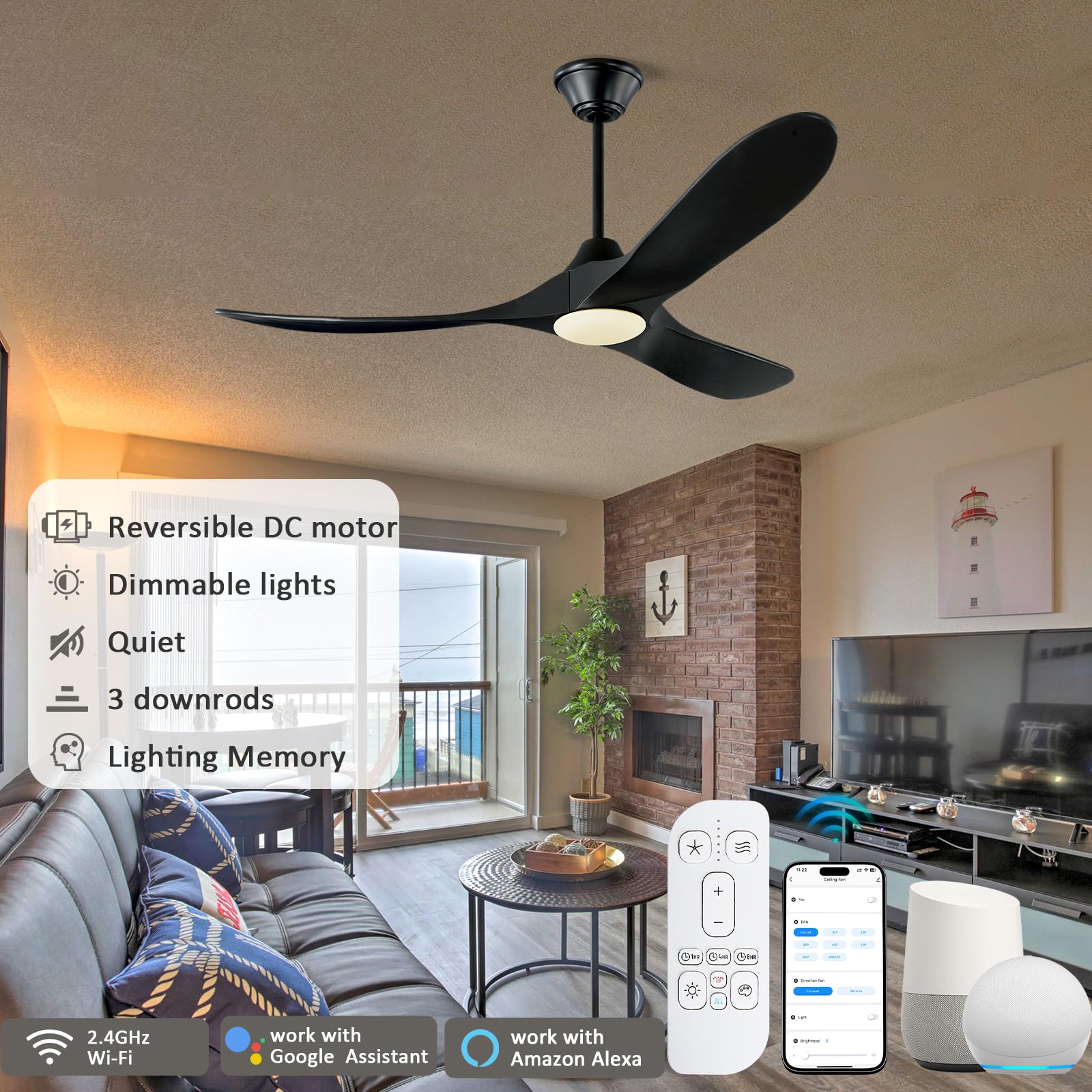 52 Inch Black Smart Ceiling Fan with LED Lights - Outdoor/Indoor Modern Wood Blades Fan - Quiet Reversible DC Motor - Alexa/App/Remote Control - Perfect for Patio, Living Room, Bedroom & Covered Porch