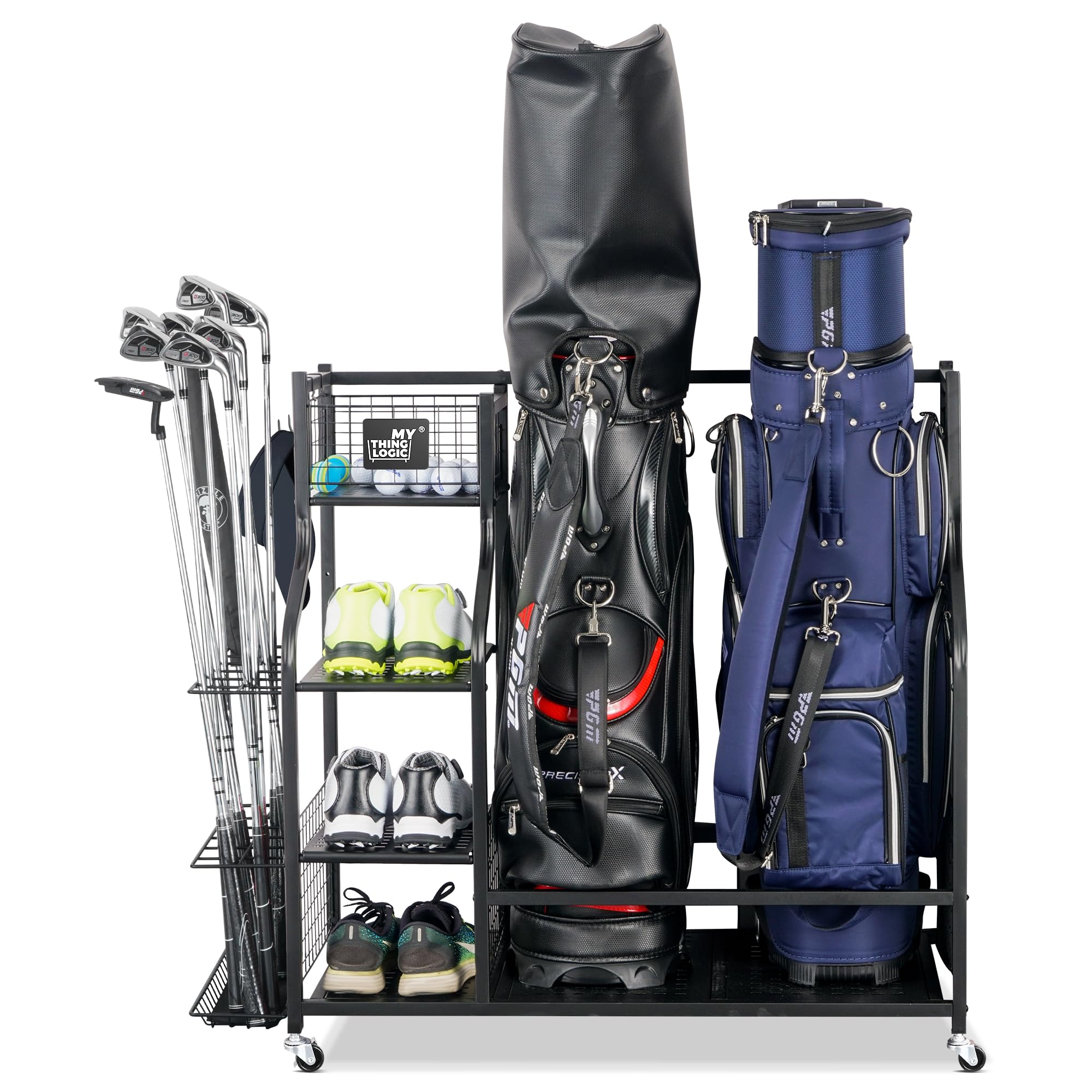 Mythinglogic Golf Bag Storage Stand - Golf Club Organizer Rack for Garage, Golf Equipment Holder with Extra Storage Space | Perfect for Golf Club Organization & Home Garage Storage