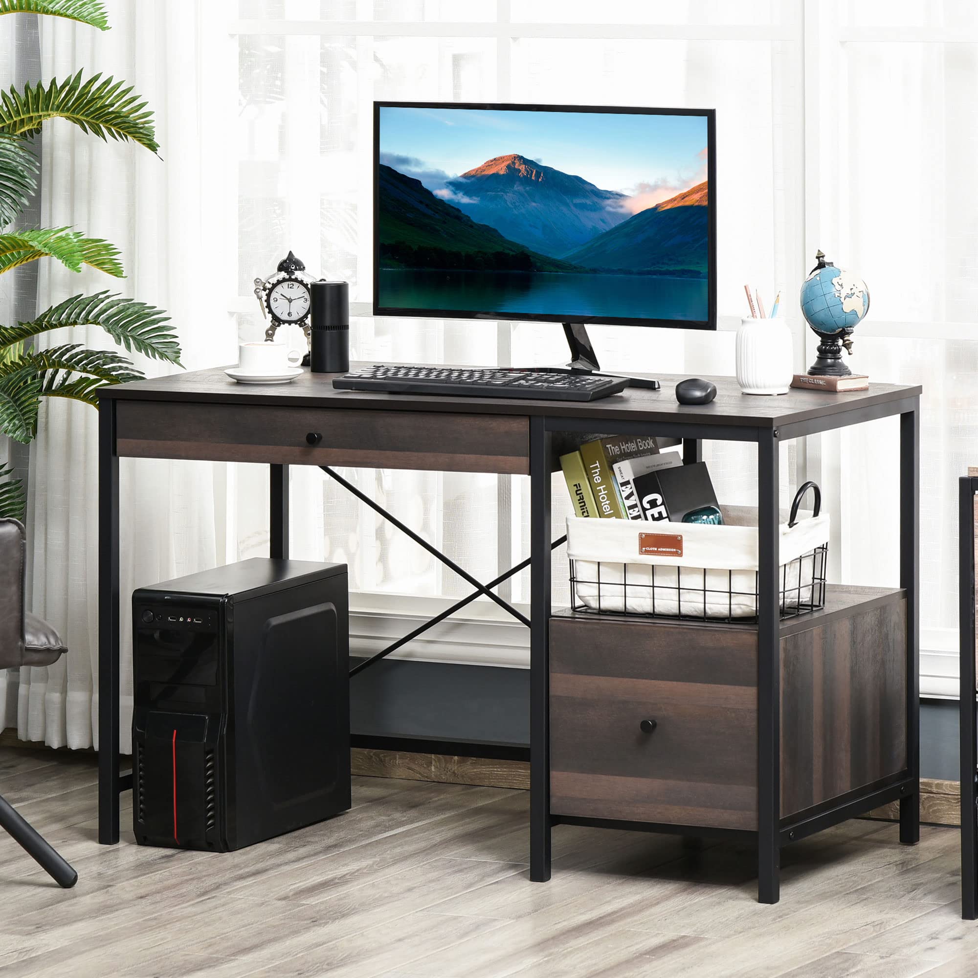 HOMCOM Industrial Style Home Office Desk with Filing Cabinet Storage Drawer for Letter Size Papers - Steel Frame Black/Walnut Computer Desk for Small Spaces, Home Office & Study Room