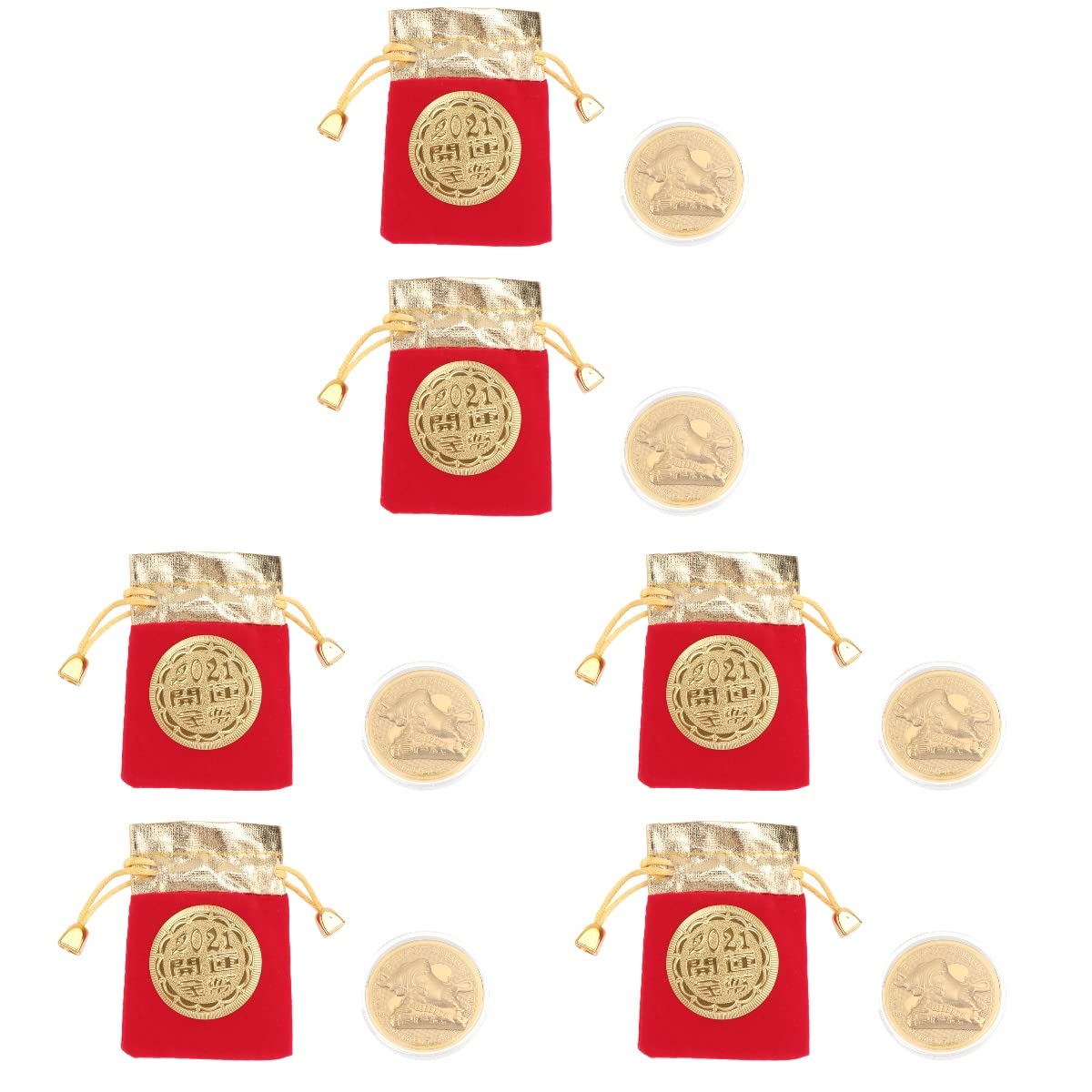 DOITOOL 6-Piece 2021 Year of the Ox Gold Foil Commemorative Coins Set - Chinese Zodiac Souvenir Coins for Lunar New Year Decor, Gift, and Collection (Red) - Perfect for Chinese New Year Celebrations, Home Decor, and Festive Gifts