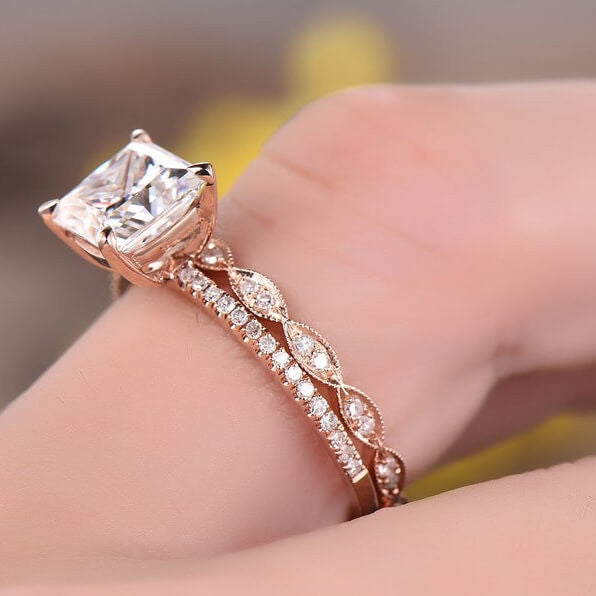 2 Carat Princess Cut Moissanite Engagement Ring Set with Rose Gold Accent & Diamond Side Stones - Perfect for Proposals, Weddings & Anniversary Gifts