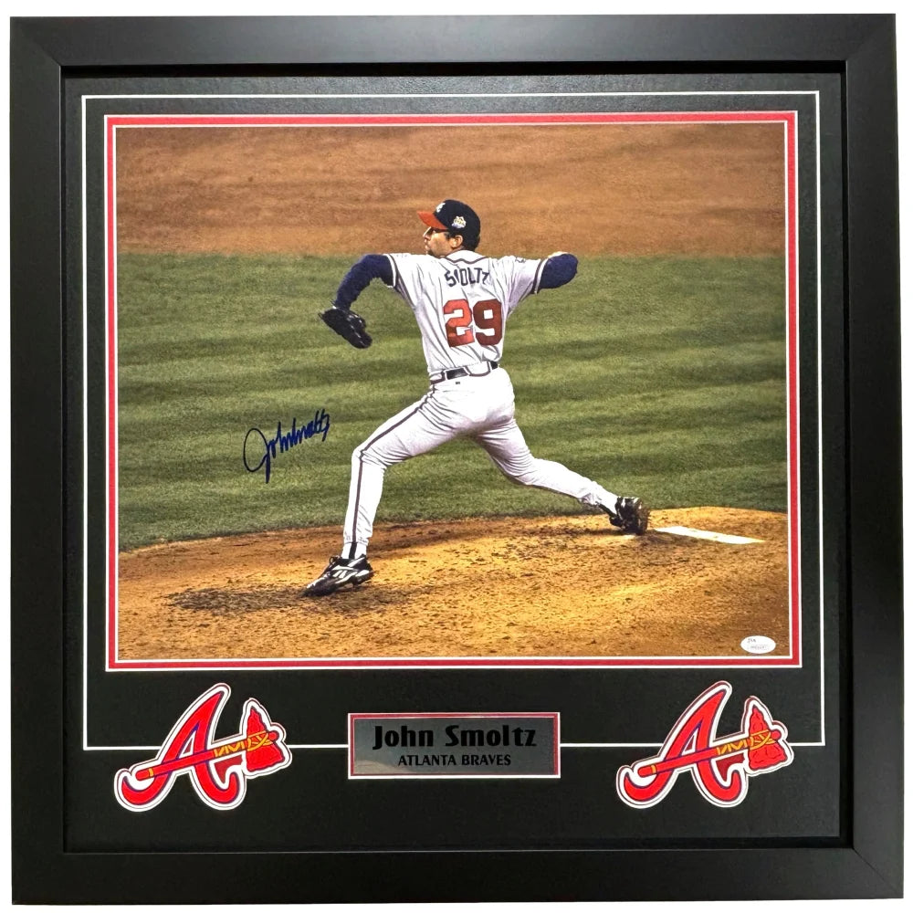 John Smoltz Autographed Atlanta Braves 16x20 Framed Photo with JSA COA - Perfect for Sports Memorabilia Collectors & Braves Fans Display