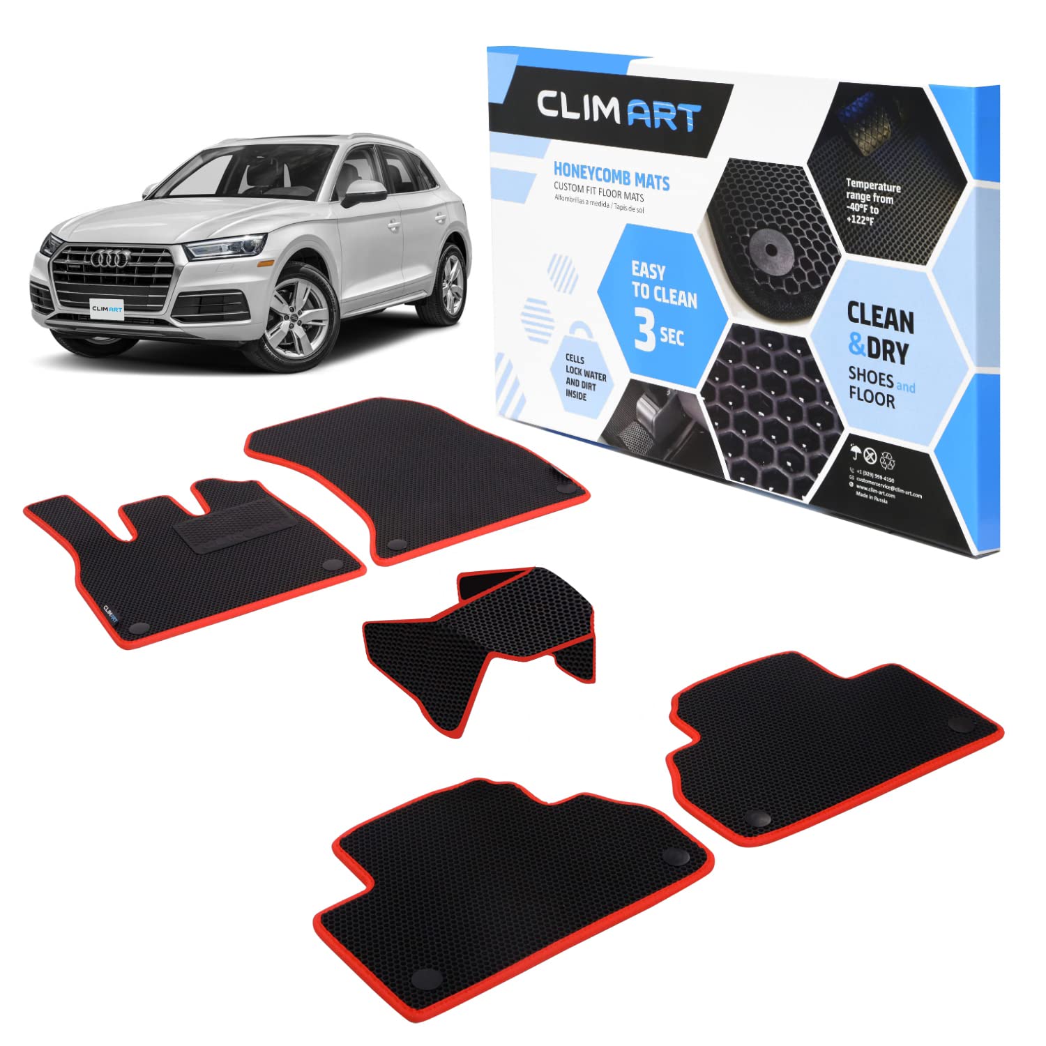 CLIM ART Honeycomb Custom Fit All-Weather Floor Mats for Audi Q5 2018-2023 | 1st & 2nd Row Car Floor Liners | Durable Car Accessories for Men & Women (Black/Red) - Perfect for Daily Commute, Road Trips & All-Season Protection
