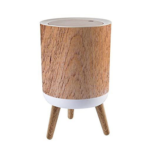 Vintage Wooden Texture Press-Top Trash Can with Lid - 7L/1.8 Gallon Dog-Proof Waste Bin for Living Room, Kitchen & Office - Round Footed Garbage Can with Secure Push-Top Design