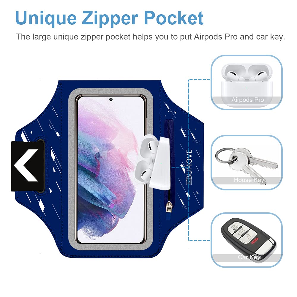 Running Armband for Samsung Galaxy S25/S24/S23/S22 - Phone Holder with Zipper Slot & Headset Bag - Secure Workout Armband for Jogging, Gym & Outdoor Sports (Blue)