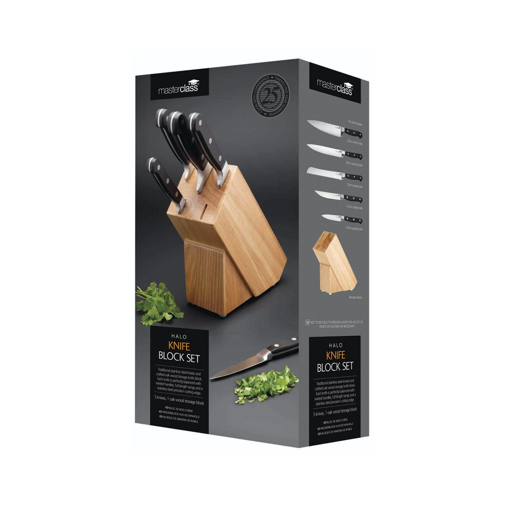 Premium Halo 5-Piece Knife Set with Oak Wood Storage Block - Professional Chef Knives for Cooking, Slicing & Dicing - Perfect Kitchen Gift for Home Cooks & Culinary Enthusiasts