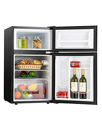 3.2 Cu.Ft Mini Compact Refrigerator with Freezer - Double Door Small Fridge for Dorm, Office, Garage, Basement, RV & Camping - Energy Efficient Black Mini Fridge (Perfect for Snacks, Drinks & Small Spaces)