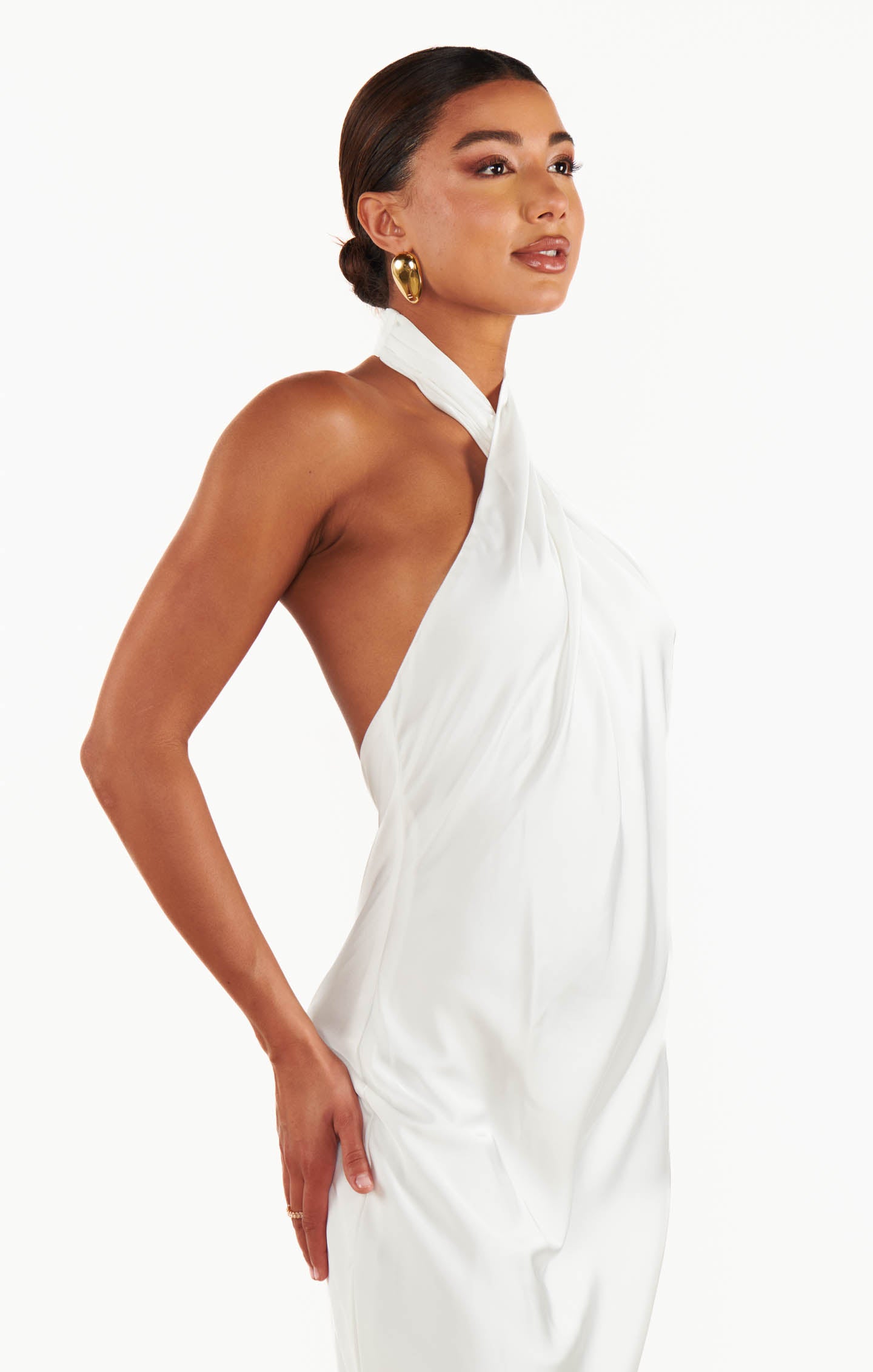 Luxury Ivory Satin Jasmine Halter Midi Dress - Elegant Summer Wedding Guest Dress & Cocktail Party Outfit