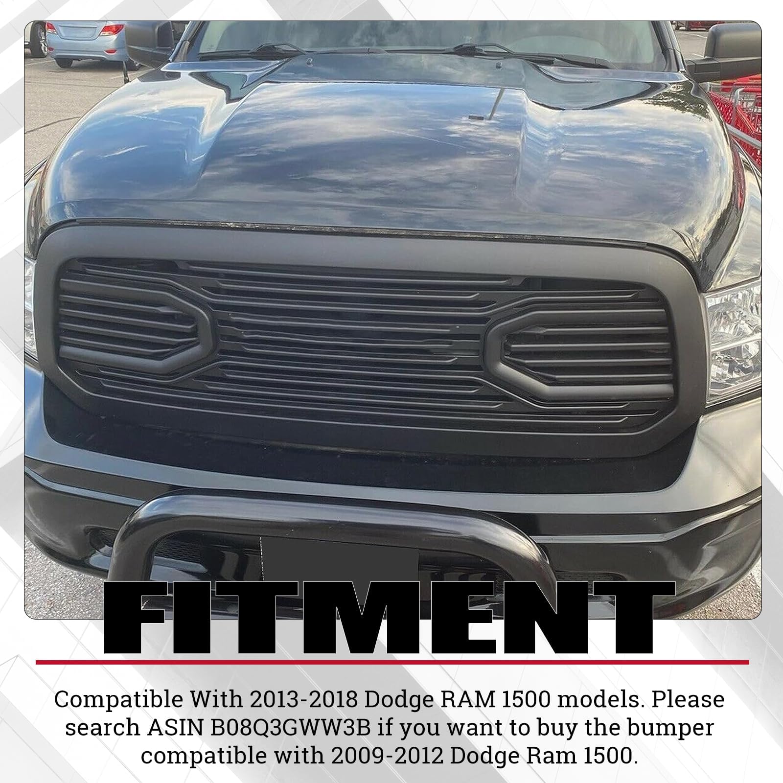 HECASA Front Big Horn Grille Replacement for 2013-2018 Dodge RAM 1500 | Black Shell Design (Without Light) | Durable & Stylish Upgrade for Off-Road & Daily Driving