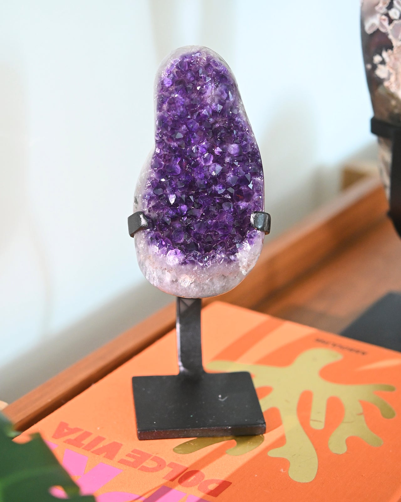 Natural Amethyst Crystal Geode on Wooden Stand - 3.5lbs Healing Stone for Home Decor, Meditation & Spiritual Gifts