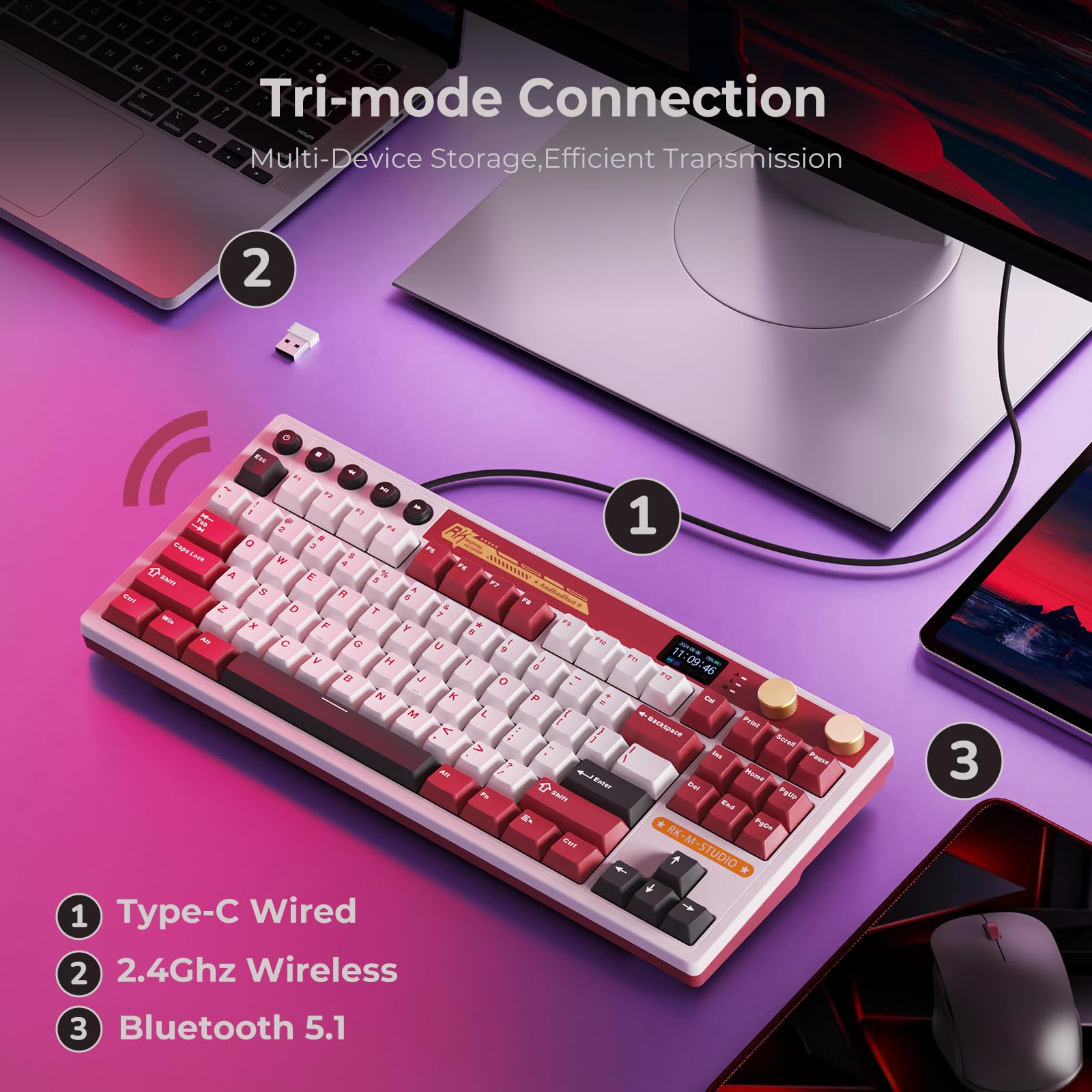 RK ROYAL KLUDGE M87 Wireless Mechanical Keyboard - Dual Knob, RGB Backlit, Hot Swappable for Gaming & Office