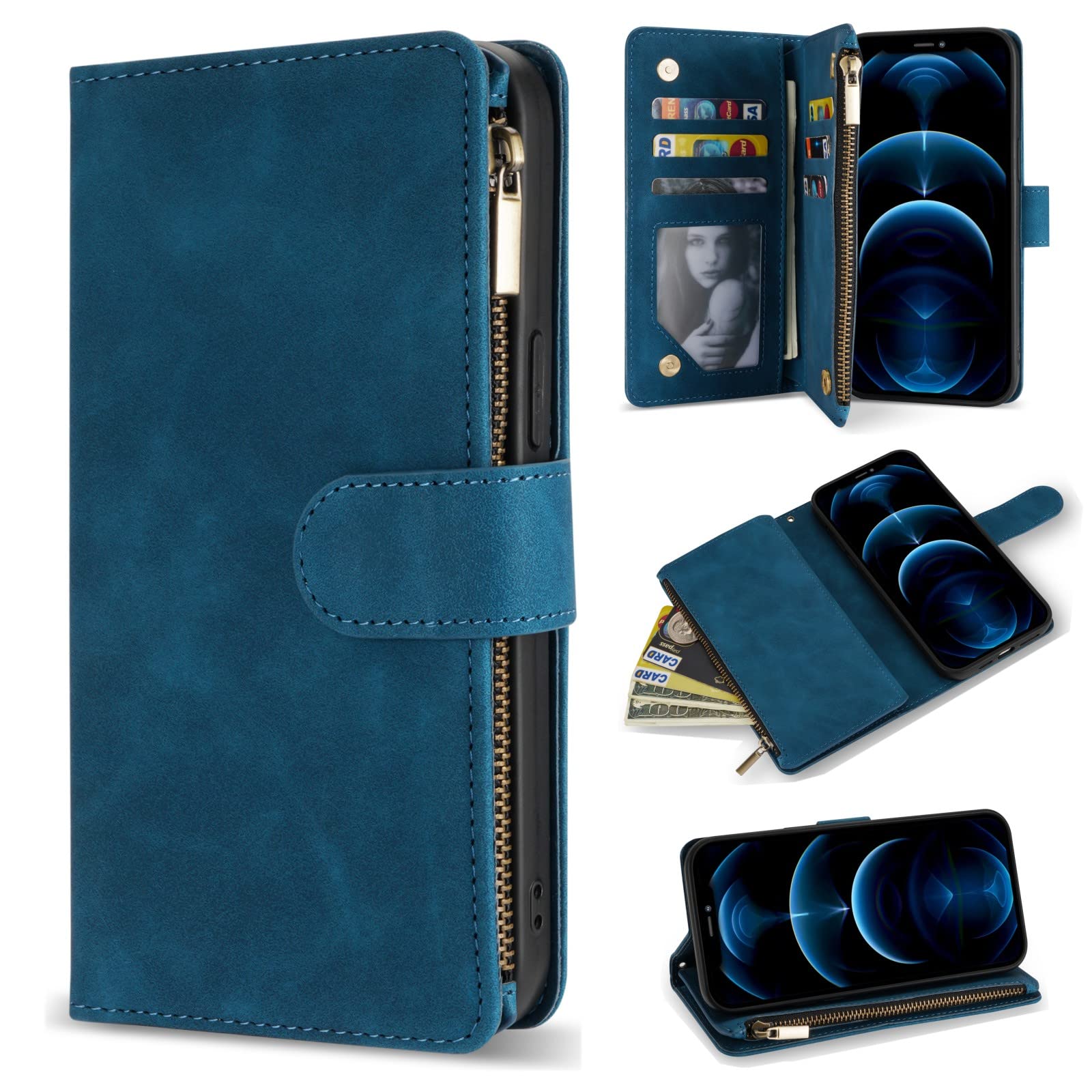 Premium Soft PU Leather Zipper Flip Folio Wallet Case for iPhone 12 Pro Max (6.7 inch) - Card Slots, Wrist Strap & Kickstand - Protective Blue Cover for Everyday Use, Travel & Business