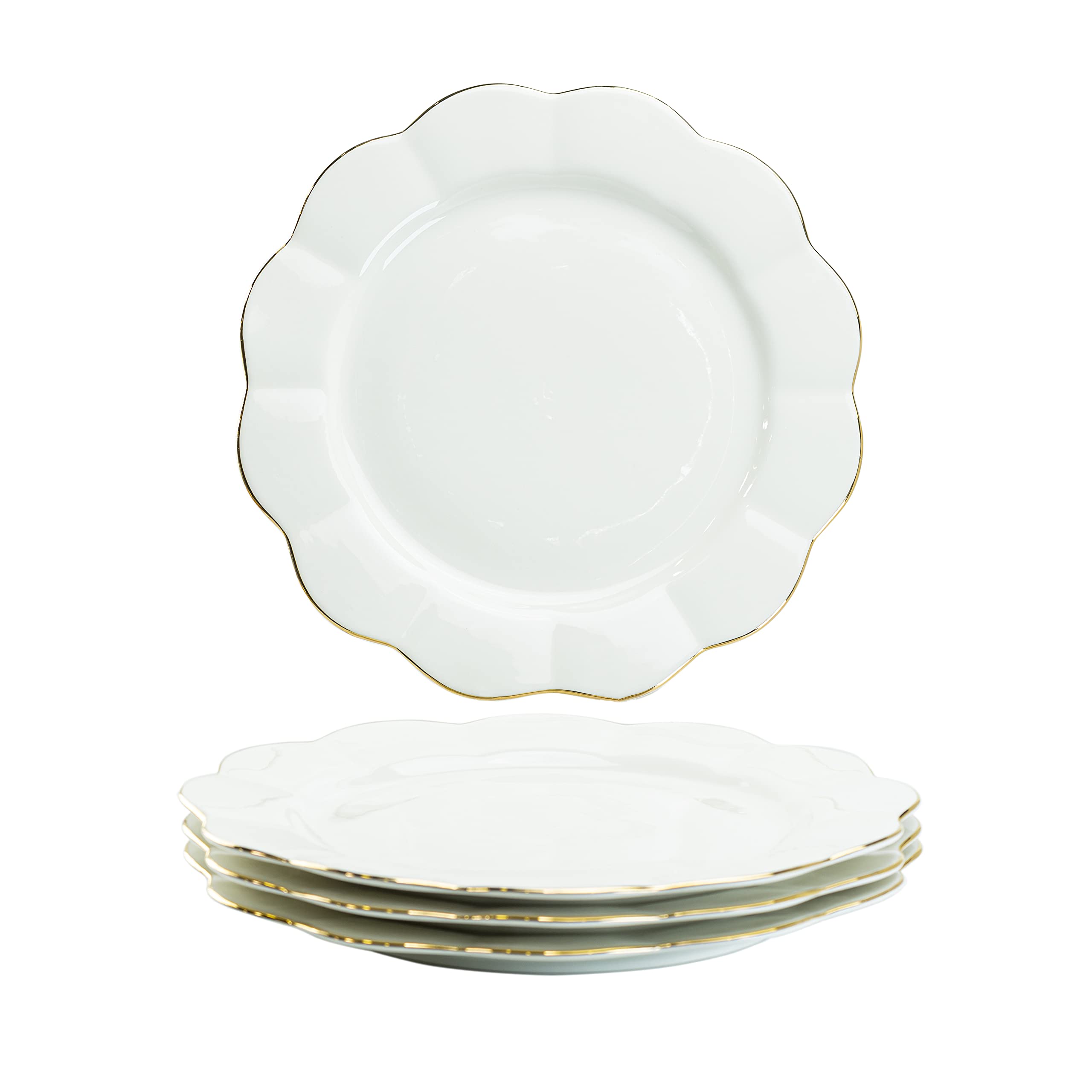 Gracie China Porcelain White Gold Scallop 11-Inch Dinner Plates Set of 4 - Elegant Fine Dining & Special Occasion Tableware