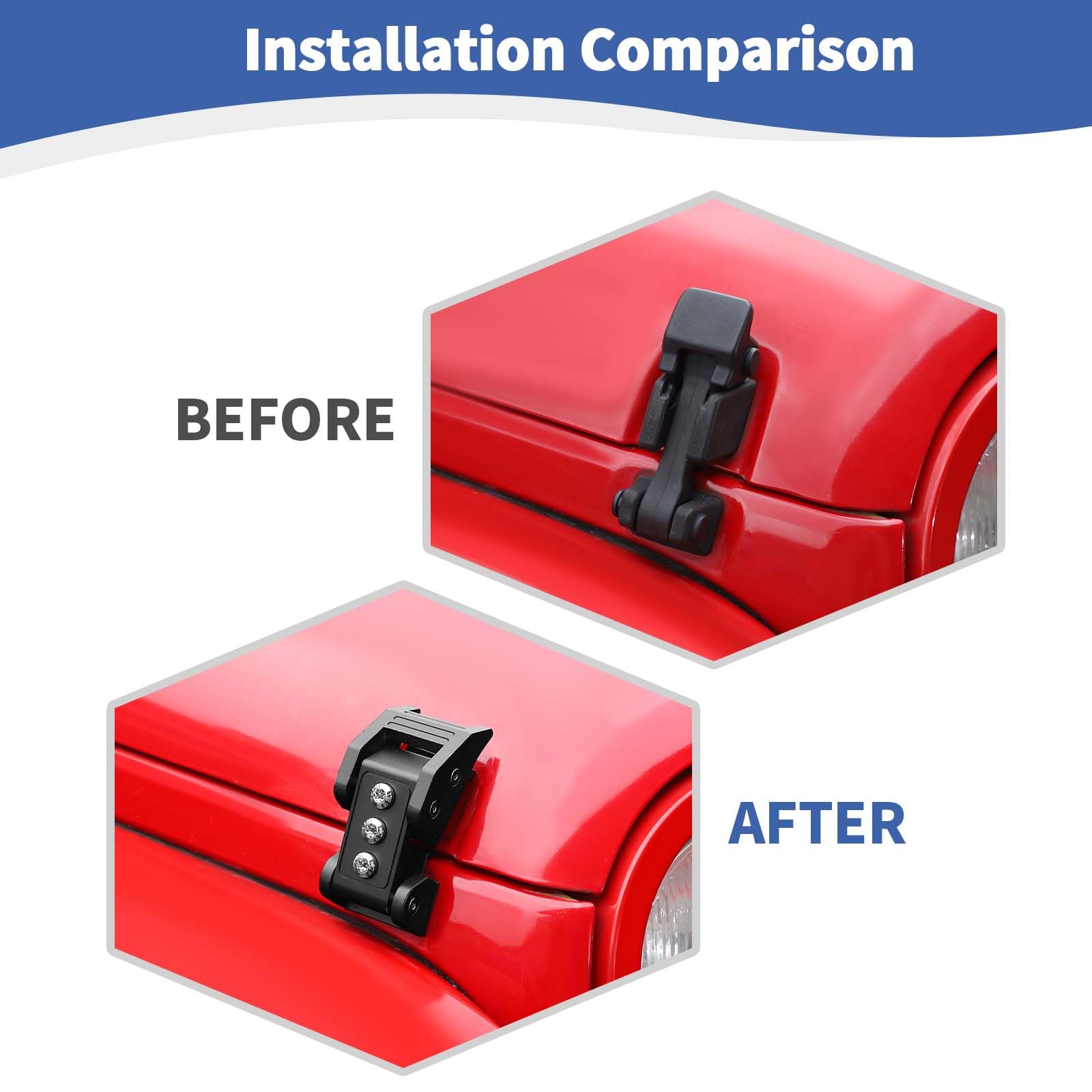 Jeep Wrangler JK JKU JL JLU & Gladiator JT Hood Latches Catch Kit - Black Exterior Accessories (2007-2023 Models) - Extra Screw Style for Enhanced Security - Perfect for Off-Roading & Daily Driving