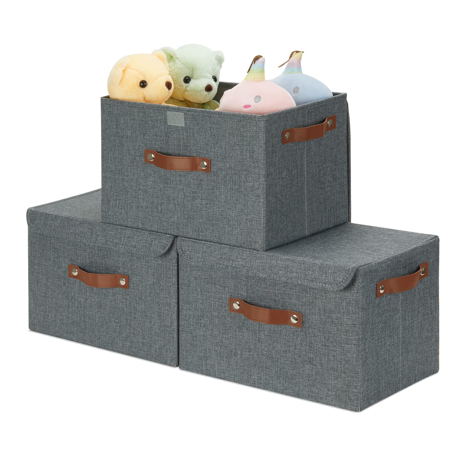 Foldable Fabric Storage Bins with Lids - Set of 3 Large 15x10x10 Inch Decorative Storage Boxes with Handles for Bedroom, Closet & Kids Room Organization - Perfect for Toys, Blankets & Seasonal Storage (Dark Grey)