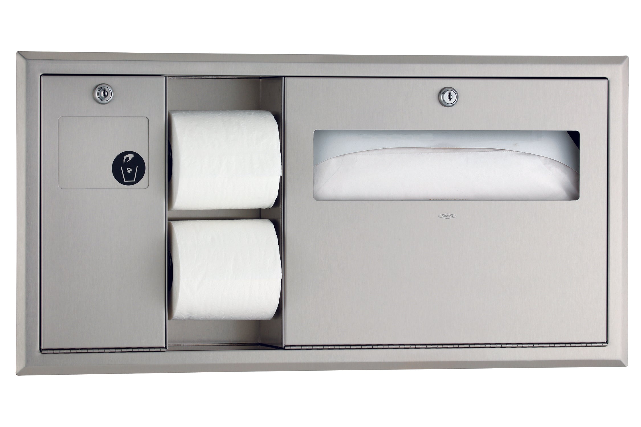 Bobrick B3091 ClassicSeries Recessed Mounted Toilet Tissue, Seat Cover Dispenser & Waste Disposal - Left Hand Satin Finish - Ideal for Commercial Restrooms, Hospitals & Public Washrooms