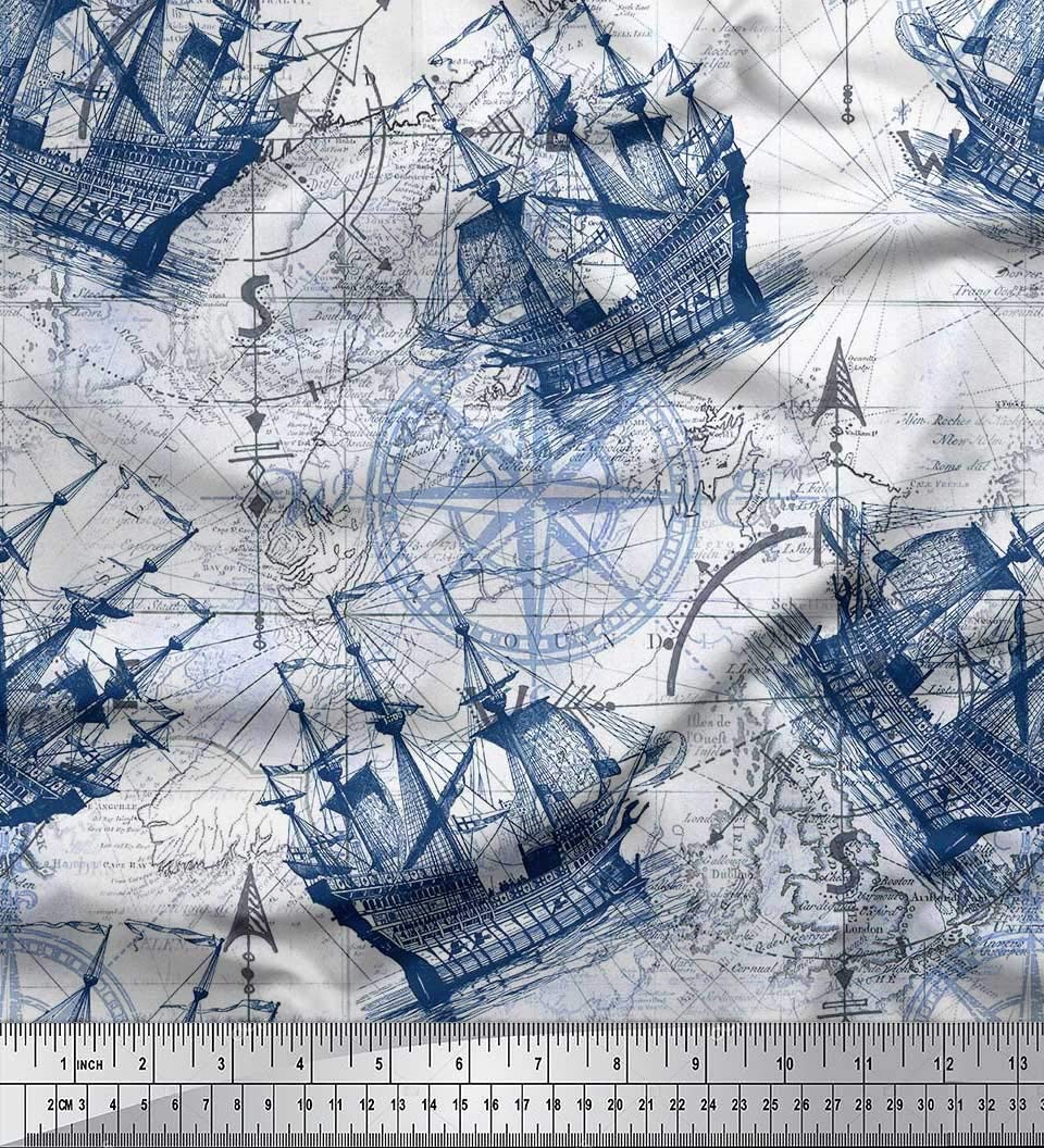 Soimoi Moss Georgette Brown Fabric by The Yard - 42 Inch Wide Nautical Navigation Printed Fabric with Ship & Compass Design - Perfect for DIY Dresses, Curtains, and Home Decor Projects