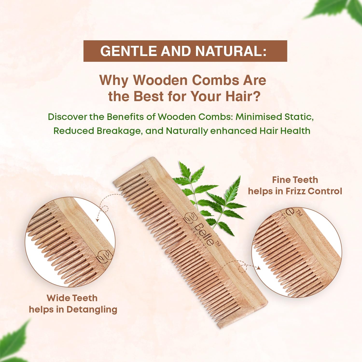 Belle Organics 100% Natural Neem Wooden Comb for Hair - Anti-Breakage, Scalp Nourishing & Anti-Frizz | Gentle Detangling Comb for Healthy Hair Growth | Eco-Friendly Wooden Hair Brush for Daily Hair Care & Styling