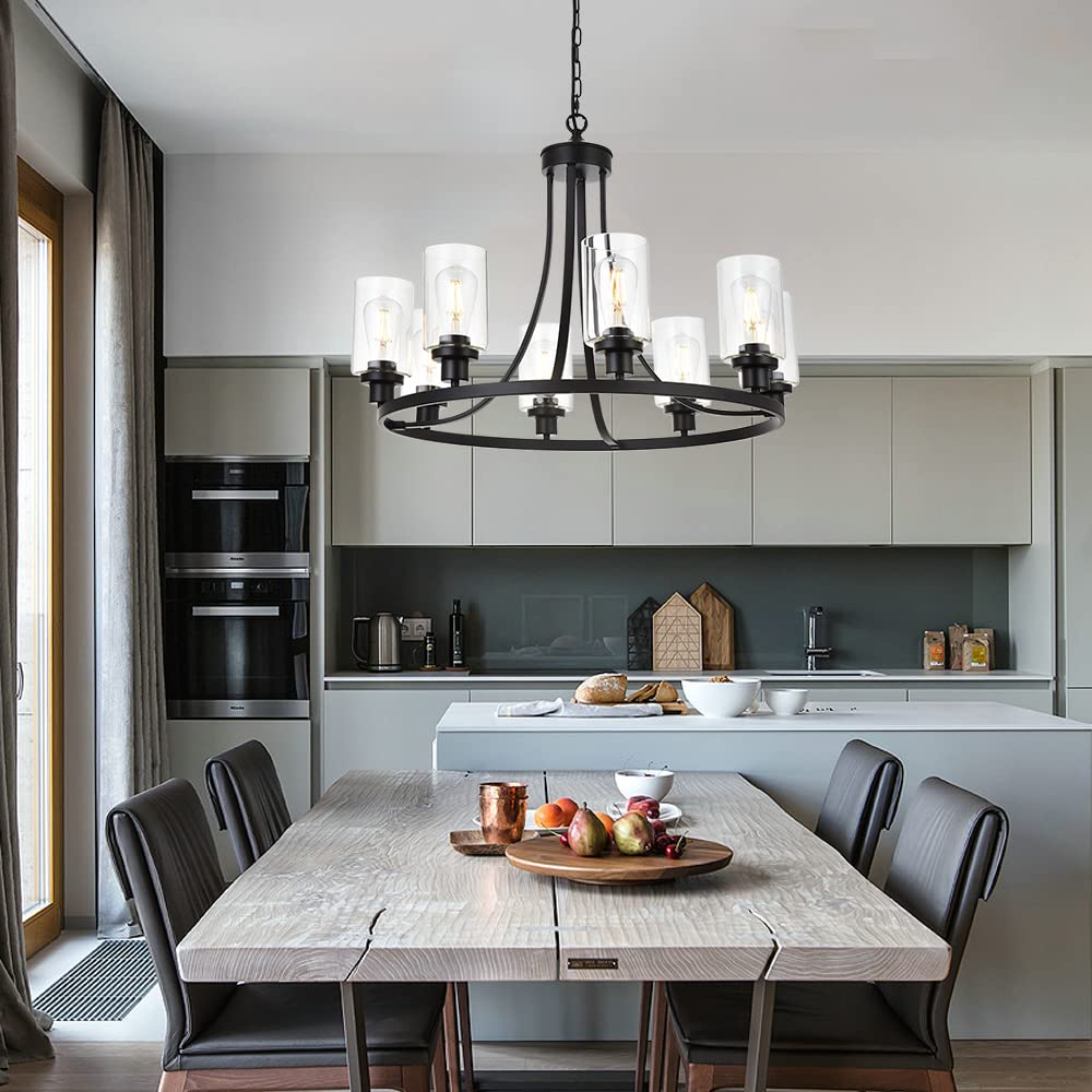 MELUCEE 8-Light Black Industrial Chandelier with Clear Glass Shades - Farmhouse Kitchen Island Pendant Lighting for Dining Room, Living Room, Bedroom | Perfect for Rustic Home Decor & Open Concept Spaces