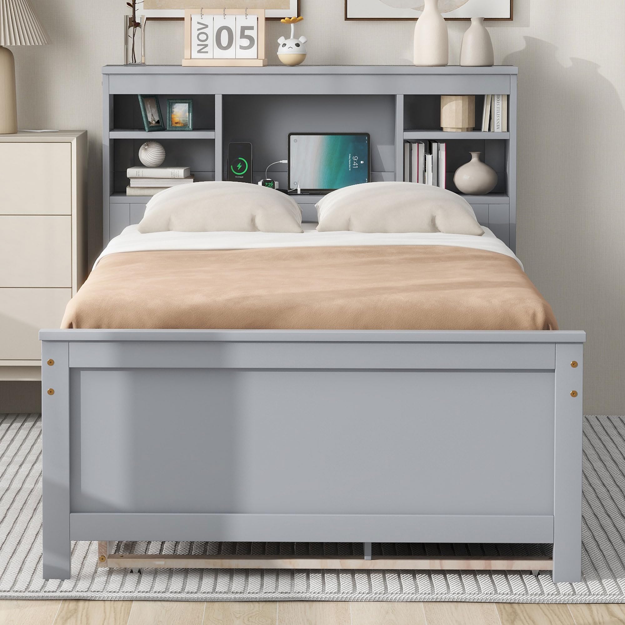 Harper & Bright Designs Twin Bed with Trundle and Storage Drawers, Wooden Twin Bed Frame with Bookcase Headboard & USB Ports - Space-Saving Solution for Kids, Teens & Adults (Gray) | Perfect for Small Bedrooms, Guest Rooms & Dormitories