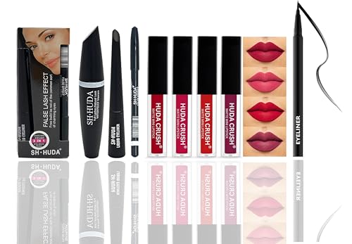 Huda Makeup Combo Set for Girls - Smudgeproof Mascara, Kajal, Eyebrow Pencil, Long Lasting Eyeliner & 4Pc Waterproof Matte Lipstick (8-Piece Kit, Red/Black) | Perfect for Parties, Weddings & Everyday Glam Makeup Looks