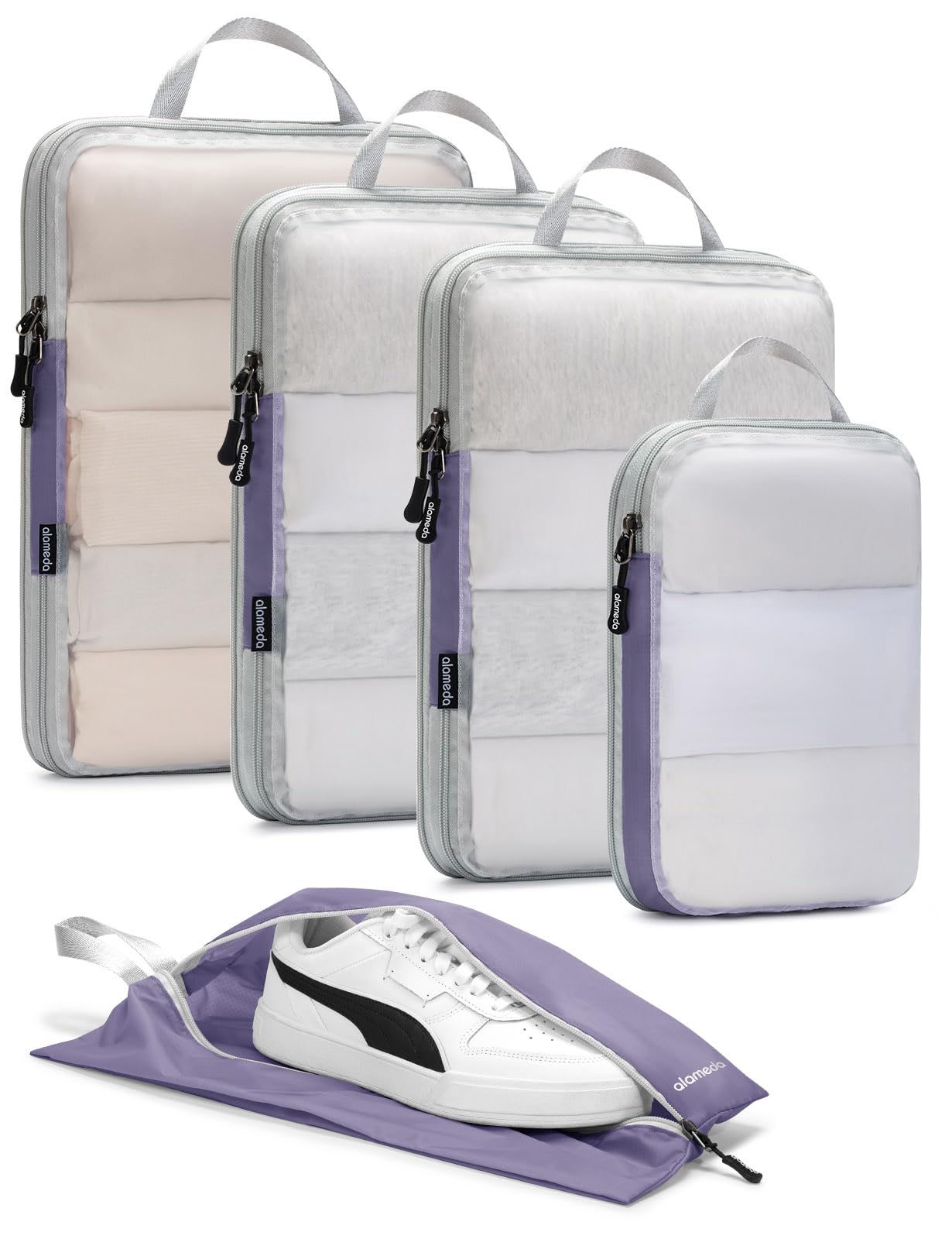 Clear Mesh Compression Packing Cubes for Suitcases - 4-Piece Travel Organizer Set with Shoe Bag | Perfect for Business Trips, Vacations & Weekend Getaways