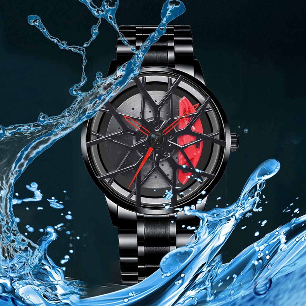 Men's Waterproof Stainless Steel Japanese Quartz Wrist Watch - Car Rim Hub Design Sports Watch for Running, Driving & Outdoor Activities