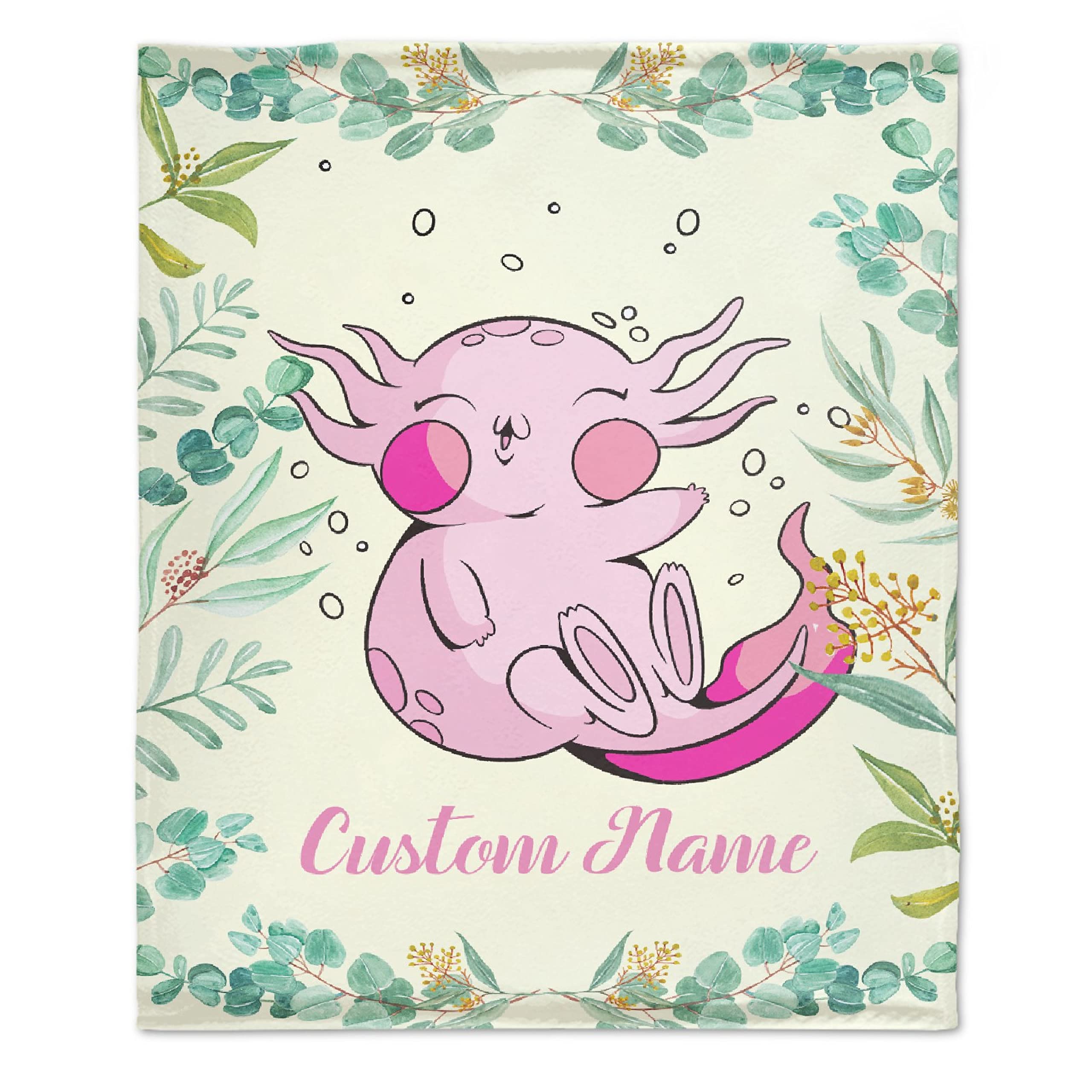 Custom Axolotl Floral Baby Blanket - Personalized Name Throw for Boys & Girls | Soft Warm Flannel Swaddling Blanket 90