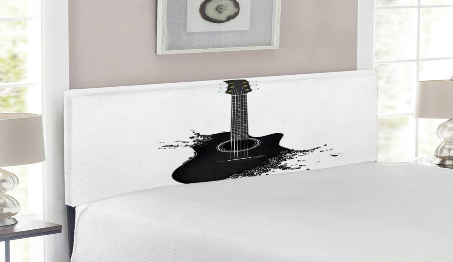 Ambesonne Guitar Headboard - Monochrome Acoustic Instrument Design with Strings & Color Splashes - Upholstered Metal Bed Frame with Memory Foam - Queen Size Black & White - Perfect for Music Lovers' Bedroom Decor & Rock Theme Guest Rooms