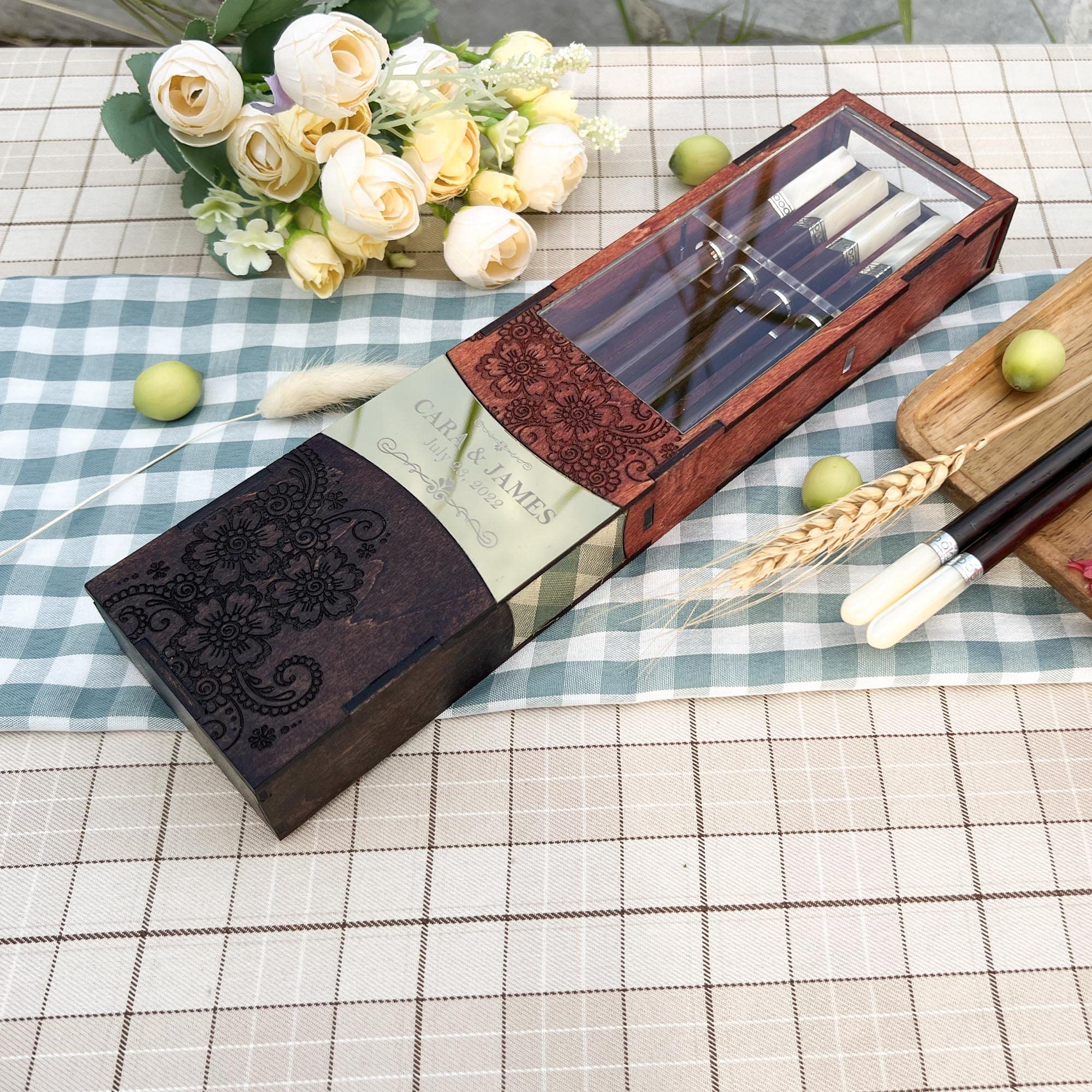Personalized Premium Engraved Chopsticks Set for Couples - Custom Name Wedding Gift - Luxury Chopsticks with Gift Box - Perfect for Anniversaries, Bridal Showers & Newlywed Gifts (2 Pairs)