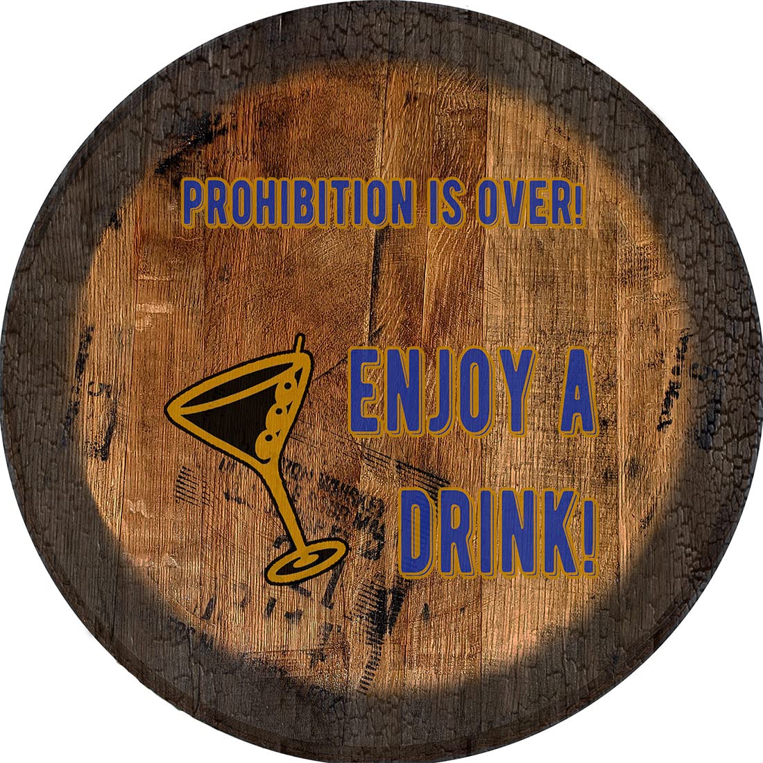 Vintage Whiskey Barrel Lid Wall Decor - Large Oak Prohibition Sign with PS Prints - Perfect for Home Bar, Man Cave, or Pub Decor
