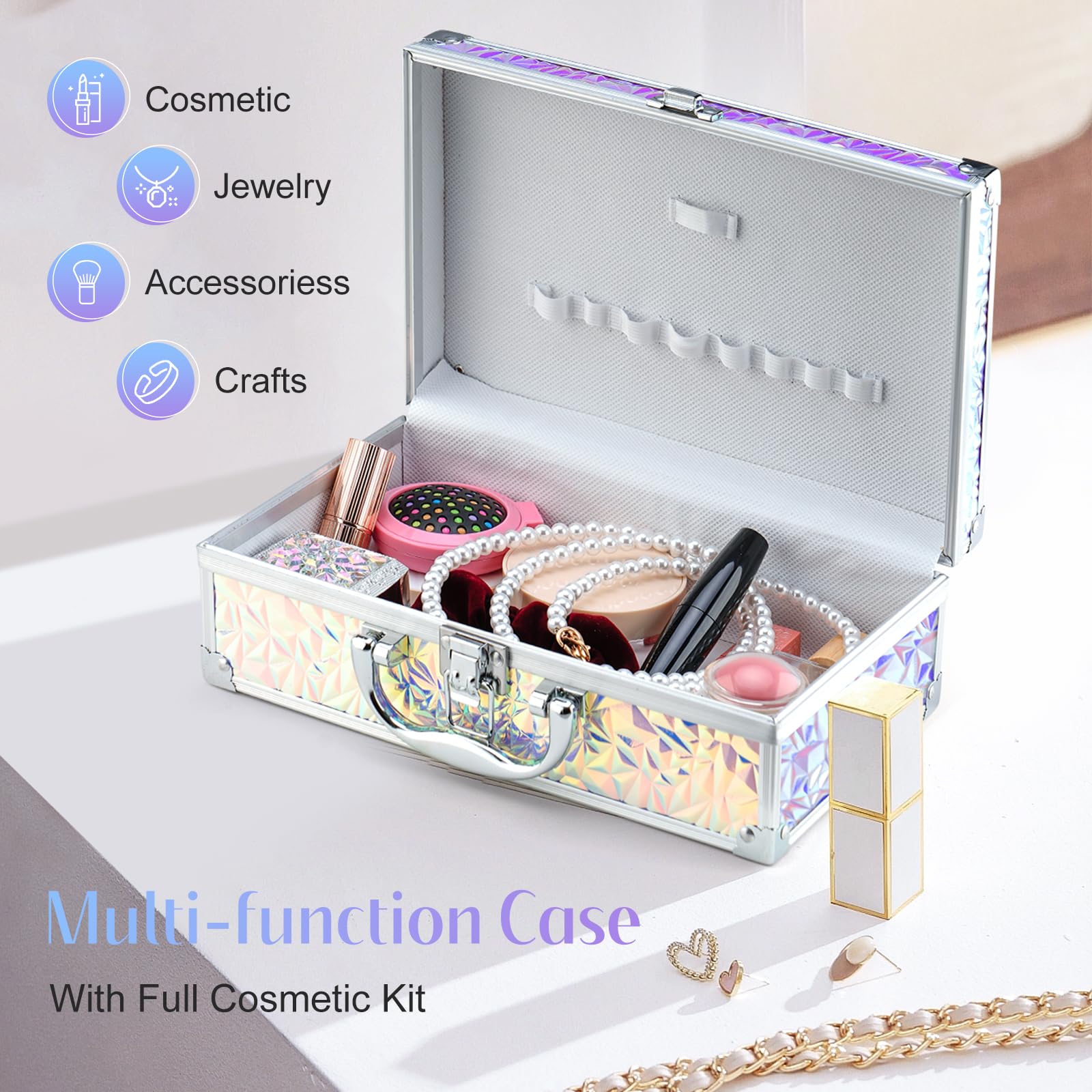 Professional Color Nymph Makeup Kit with Travel Case - Complete Cosmetic Set for Teens & Beginners (Eyeshadow, Lipstick, Blush, Lip Gloss, Mascara + Tools) - Dreamy Silver - Perfect for Everyday Makeup, Parties & Travel