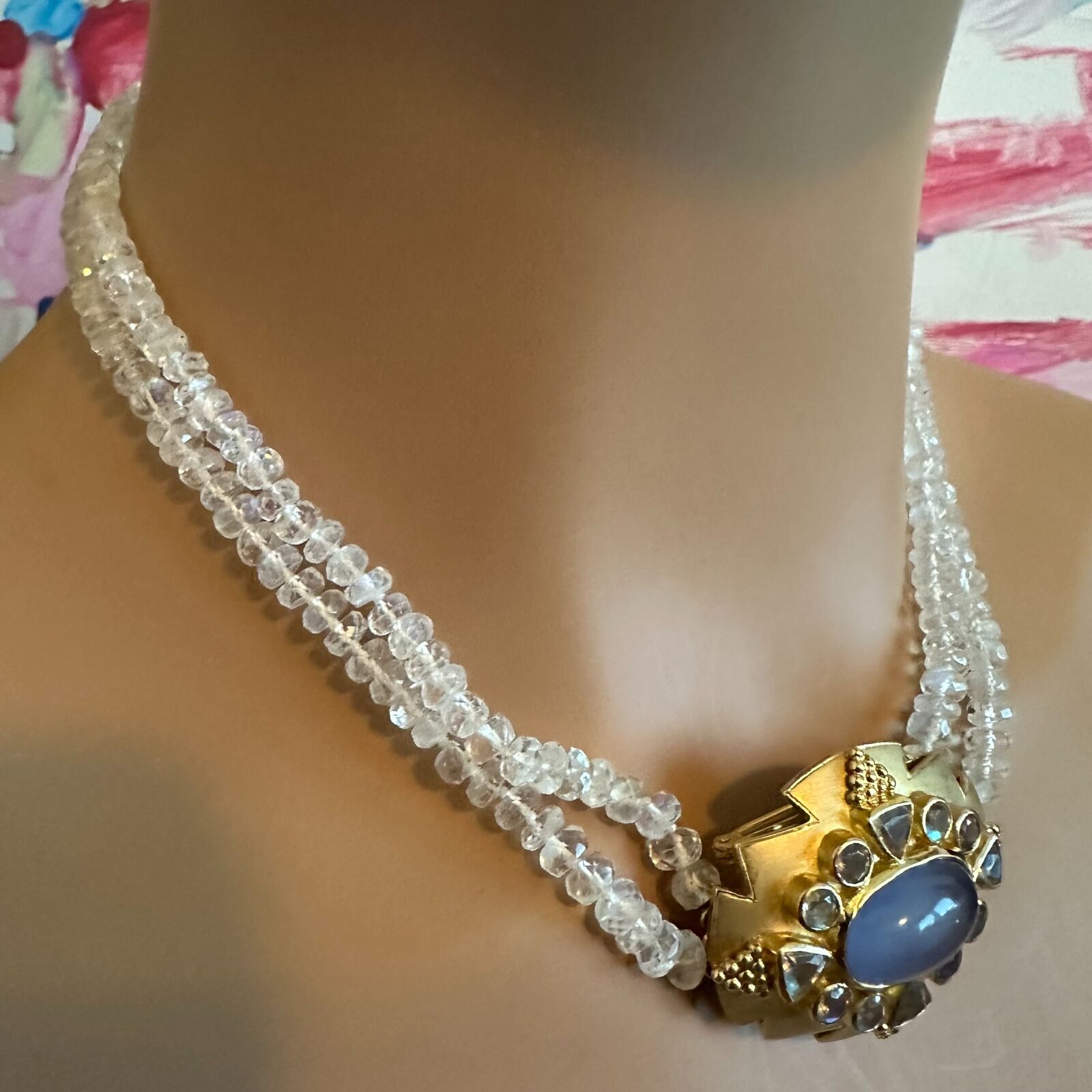 Paula Crevoshay 18k Gold Moonstone Chalcedony Jewelry Set - Brooch, Bracelet & Necklace OOAK for Special Occasions & Luxury Gifts