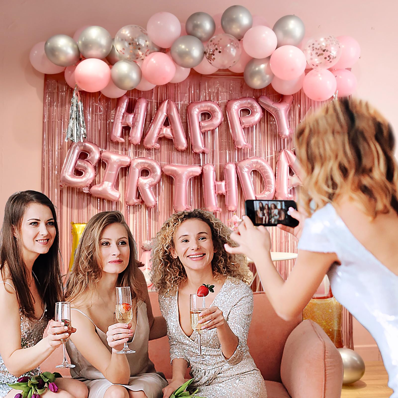 Elegant Pink Birthday Party Decorations for Women & Girls - Fringe Curtain, Balloon Letters, Banner & Balloons Set - Perfect for Birthday Celebrations, Baby Showers & Special Occasions