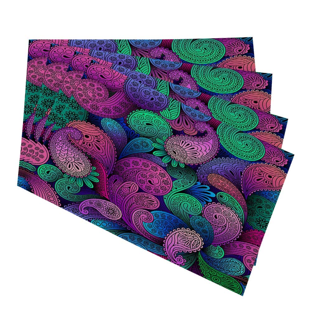 HOSNYE Set of 4 Washable Paisley Pattern Placemats - Purple Green Blue Floral Table Mats for Dining Room, Kitchen & Indoor Use | Fabric Place Mats for Everyday Meals, Dinner Parties & Home Decor