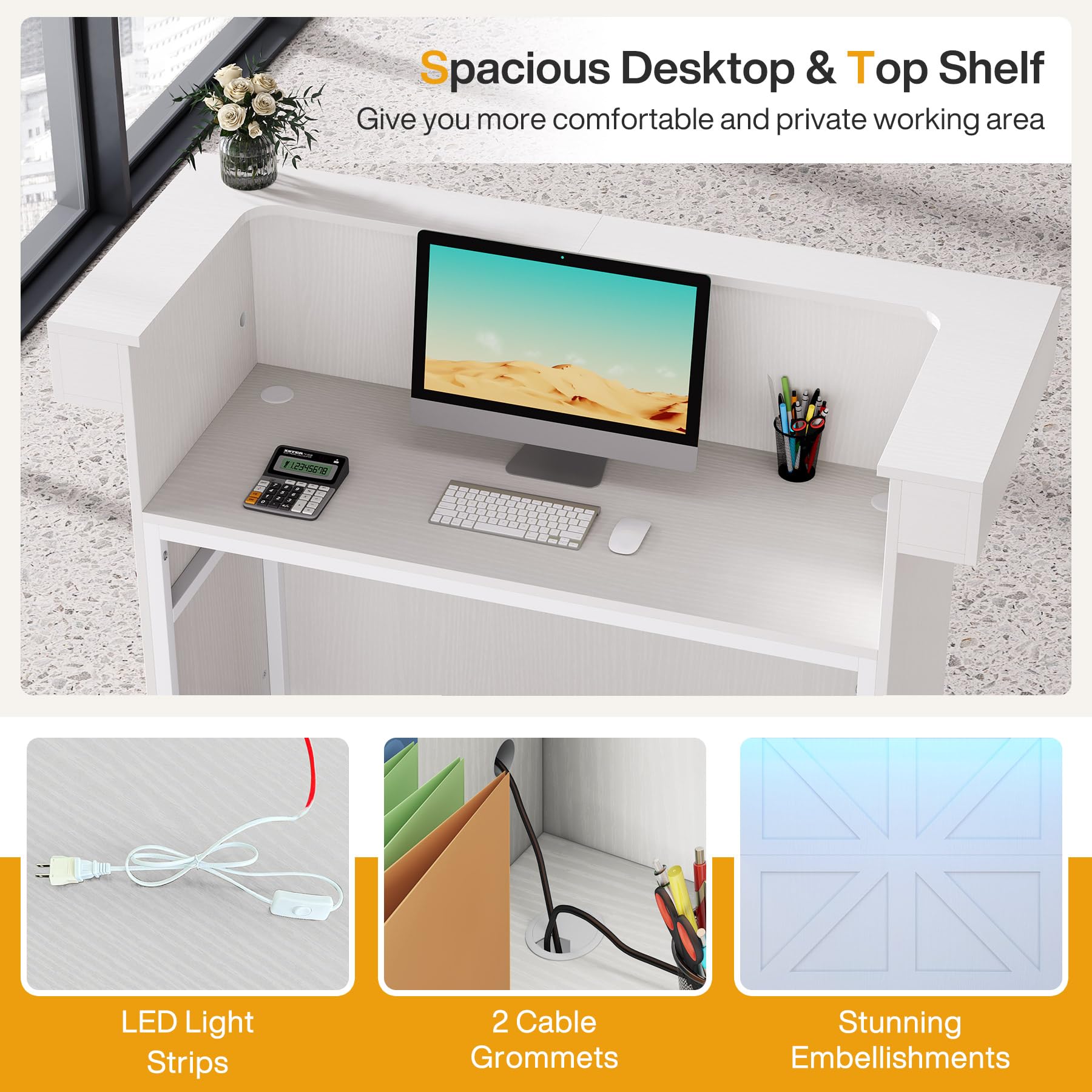 Tribesigns 55-Inch Modern Reception Desk with Built-In LED Light & Cable Grommets - White Office Lobby Counter Table for Salon, Retail Store, Hotel & Business Reception Area - Perfect for Professional Workspaces & Customer Service Areas