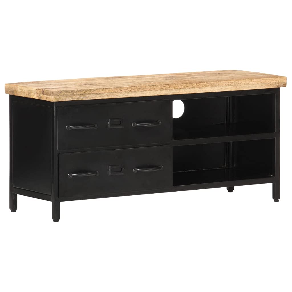 Queen.Y 40 Inch TV Stand with Wood Table Top - Modern Metal TV Media Console with 2 Drawers & 2 Open Shelves - Entertainment Center for Living Room, Bedroom (Black) | Perfect for Small Spaces & Apartment Decor