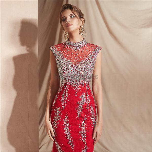 Elegant High Neck Red Beaded Mermaid Prom Dress for Evening Party & Formal Events - Perfect for Prom, Homecoming, and Special Occasions