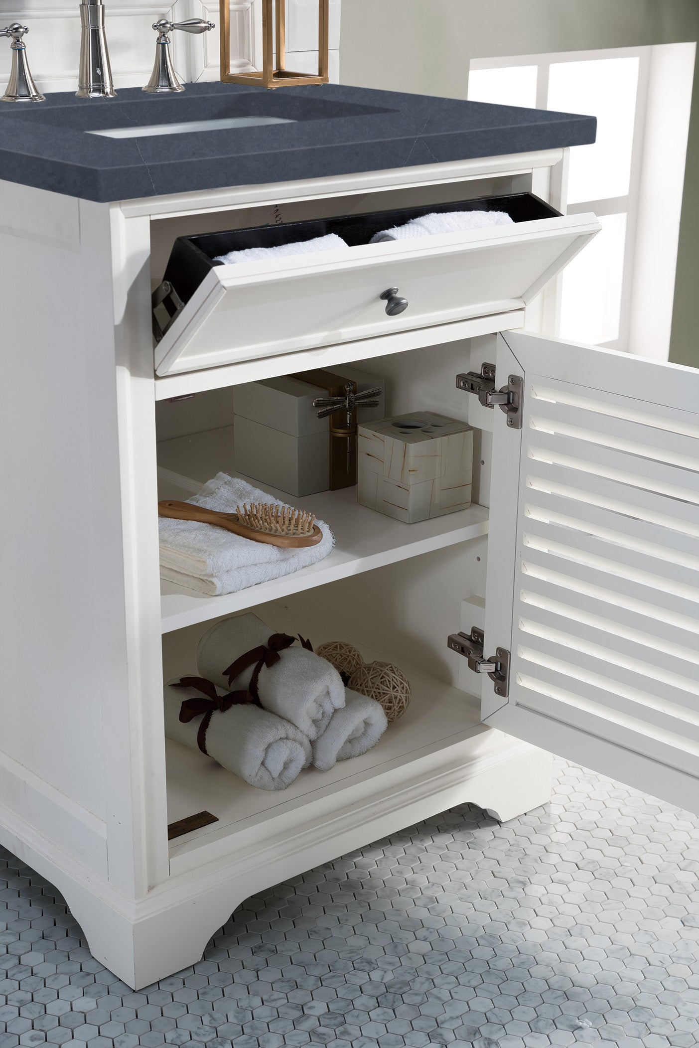Savannah 26 Inch Single Vanity Cabinet with 3CM Charcoal Soapstone Quartz Top - Bright White Bathroom Vanity for Modern & Farmhouse Style Homes - Perfect for Master Bath, Guest Bath & Powder Room Renovations