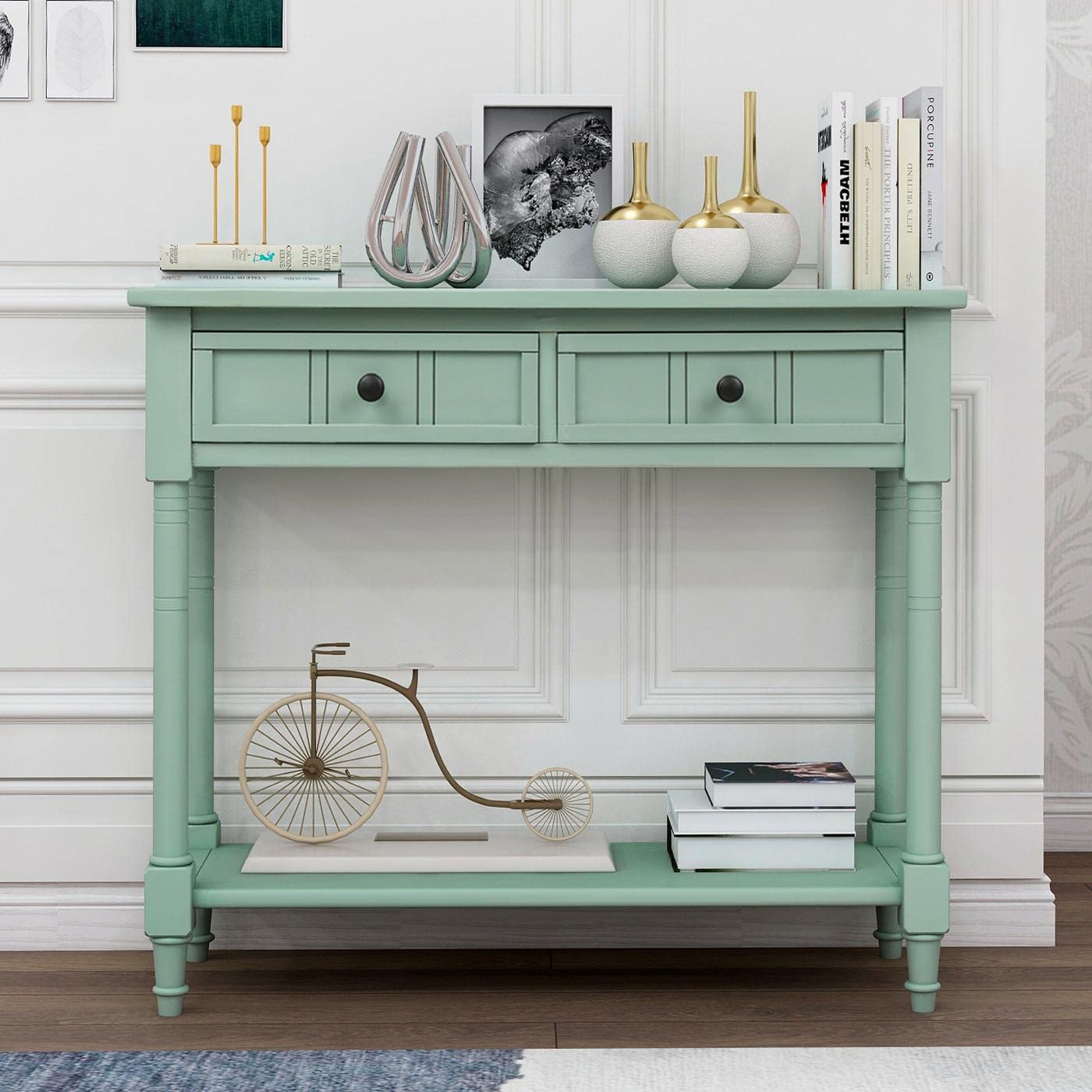 Retro Blue Console Table with 2 Drawers & Bottom Shelf - Entryway Sofa Table, Sideboard for Living Room & Dining Room - Vintage Home Decor for Hallway, Foyer & Apartment Entry