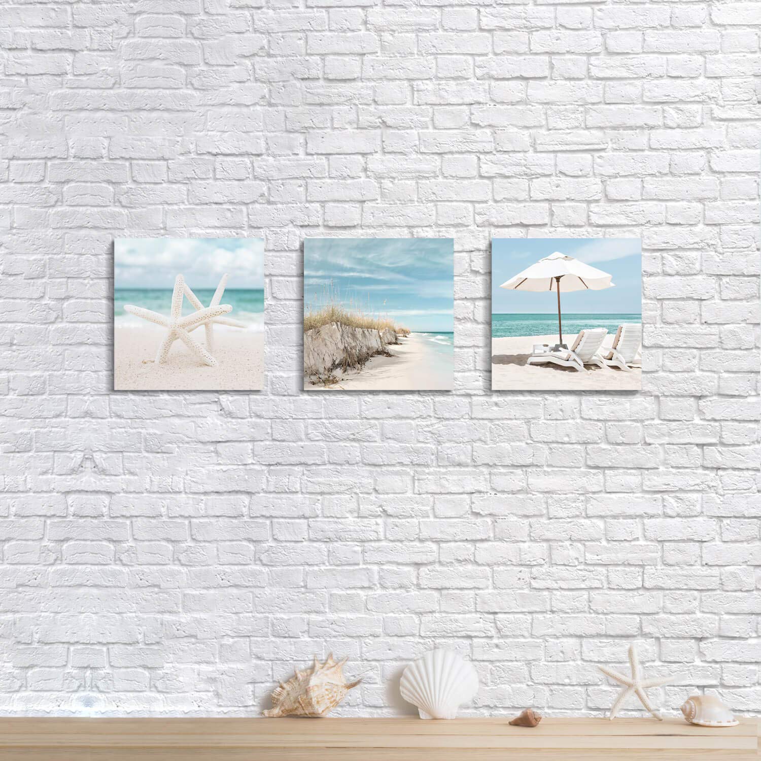 Coastal Canvas Wall Art Print - Set of 3 Starfish & Beach Chair Paintings (12x12 Inch) for Beach House Decor, Living Room & Bedroom Wall Decor | Nautical Themed Home Artwork