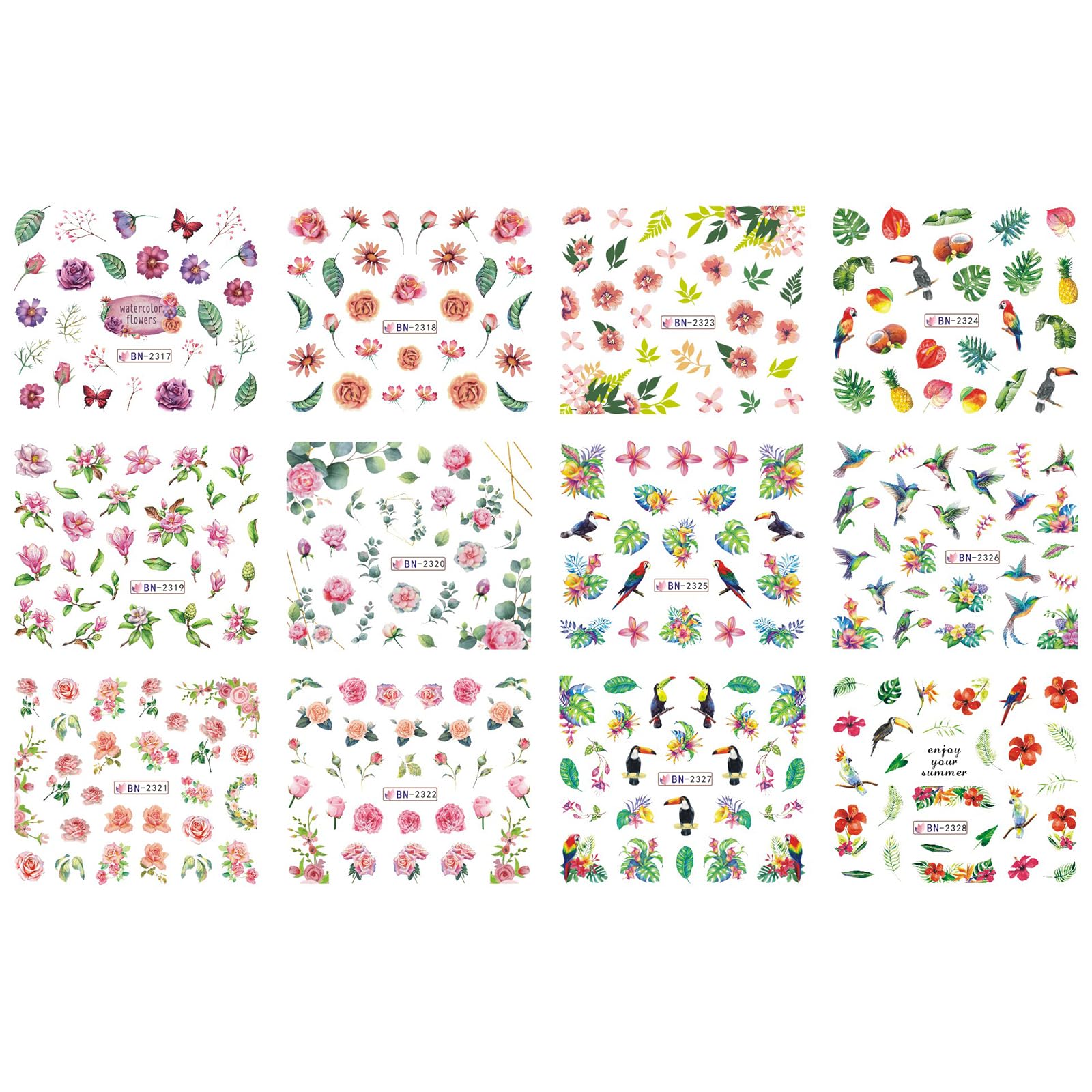 12 Sheets Flower Water Transfer Nail Decals - Assorted Blossom, Butterfly, Bird & Leaf Patterns - DIY Watermark Nail Art Stickers for Manicure - Perfect for Home Salon, Party Nail Designs & Gift Giving (26 Designs)