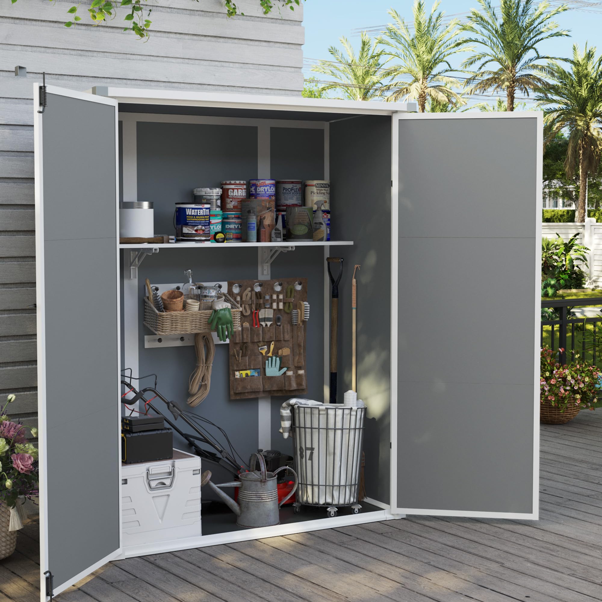 UDPATIO Premier Tall 4.3 x 5.6 ft Resin Outdoor Storage Shed with Shelving Brackets - Vertical Tool Organizer for Patio, Pool, Lawn & Garden - Grey & White - Perfect for Storing Gardening Tools, Pool Accessories & Outdoor Equipment