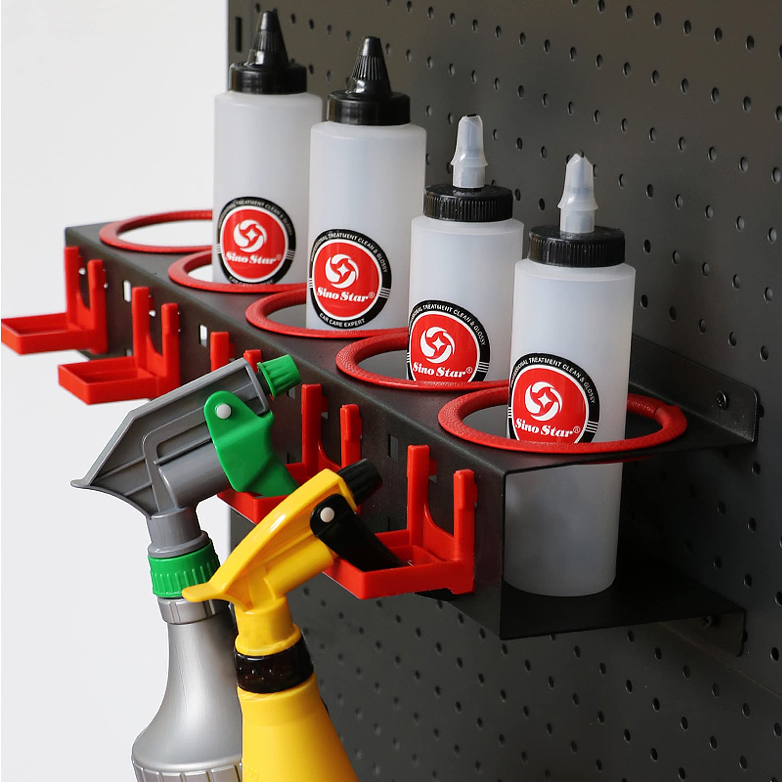 2 Pack Spray Bottle Holder Wall Mount Organizer with Spray Bottles - Auto Detailing Tools Hanger & Beauty Salon Accessory Storage Rack for Car Wash, Home Cleaning, and Hair Styling Stations