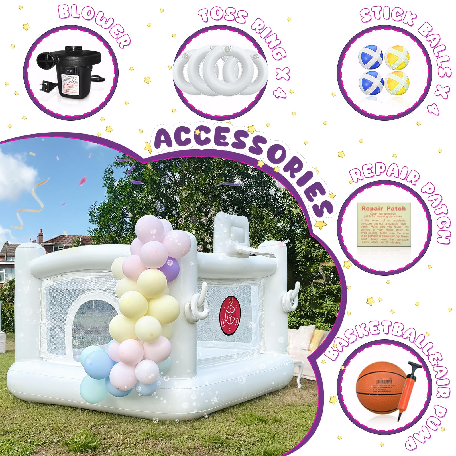 White Bounce House for Kids 3-6 Years Old | Inflatable Castle Playhouse with Ball Pit | Includes Air Pump | Easy Setup & Storage | 58.2