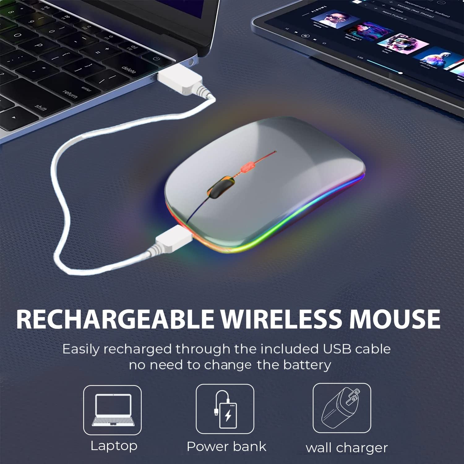 Wireless LED Mouse - Slim Rechargeable Silent Optical Mouse with USB Receiver | 2.4G Cordless Computer Mouse for Laptop, PC, Mac (Dark Grey) | Perfect for Office, Home & Travel Use