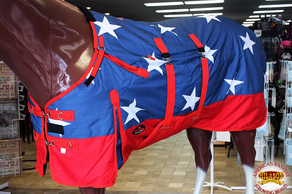 HILASON 1200D Winter Waterproof Poly Horse Blanket with Belly Wrap - 74 Inch American Flag Design | Heavy Duty Horse Blanket for Cold Weather | Ideal for Trail Riding, Barn Use & Outdoor Horse Activities